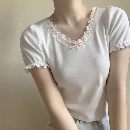 V-Neck Ribbon Lace TShirt